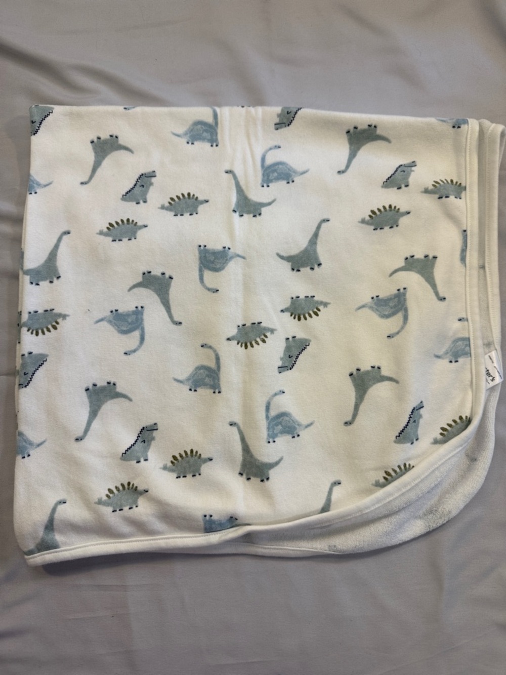 🐥 Carter's White Receiving Towel/Blanket with Light Blue Dinosaur Pattern